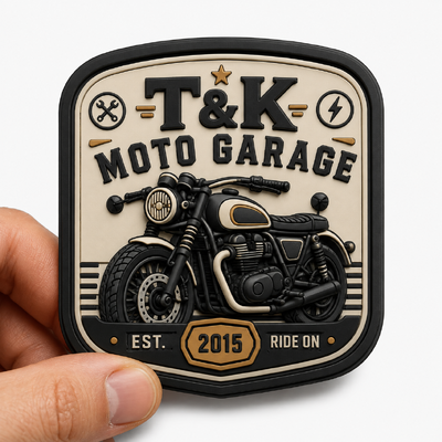 Custom Motorcycle Style PVC Warmtransfer Kleding Labels met 3D embossed logo voor Jackets Streetwear Workwear Hoeden Tassen en Garage Brand Identificatie