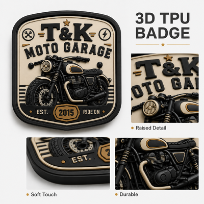 Custom Motorcycle Style PVC Warmtransfer Kleding Labels met 3D embossed logo voor Jackets Streetwear Workwear Hoeden Tassen en Garage Brand Identificatie