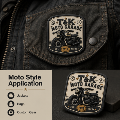 Custom Motorcycle Style PVC Warmtransfer Kleding Labels met 3D embossed logo voor Jackets Streetwear Workwear Hoeden Tassen en Garage Brand Identificatie