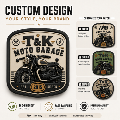 Custom Motorcycle Style PVC Warmtransfer Kleding Labels met 3D embossed logo voor Jackets Streetwear Workwear Hoeden Tassen en Garage Brand Identificatie