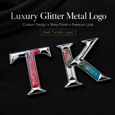 AANGEPASTE 3D METALLIC GLITTER HITTETRANSFER LOGO LABELS VOOR KLEDING & SPORTKLEDING