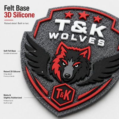 Vilten basis 3D siliconen badge gepersonaliseerd reliëflogo opnaaibare duurzame teampatch op maat gemaakt OEM rechtstreeks van de fabriek